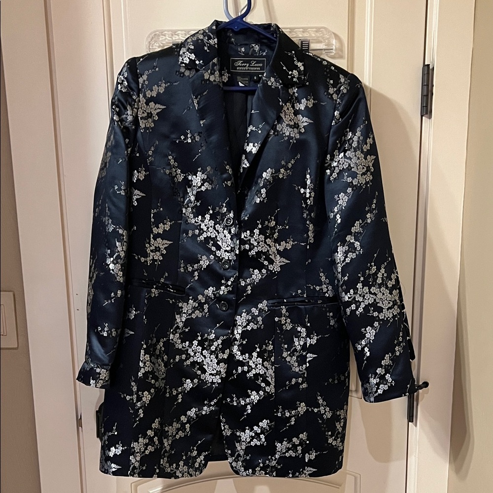 Vintage 90s Terry Lewis Black Floral Brocade Satin Blazer Size S